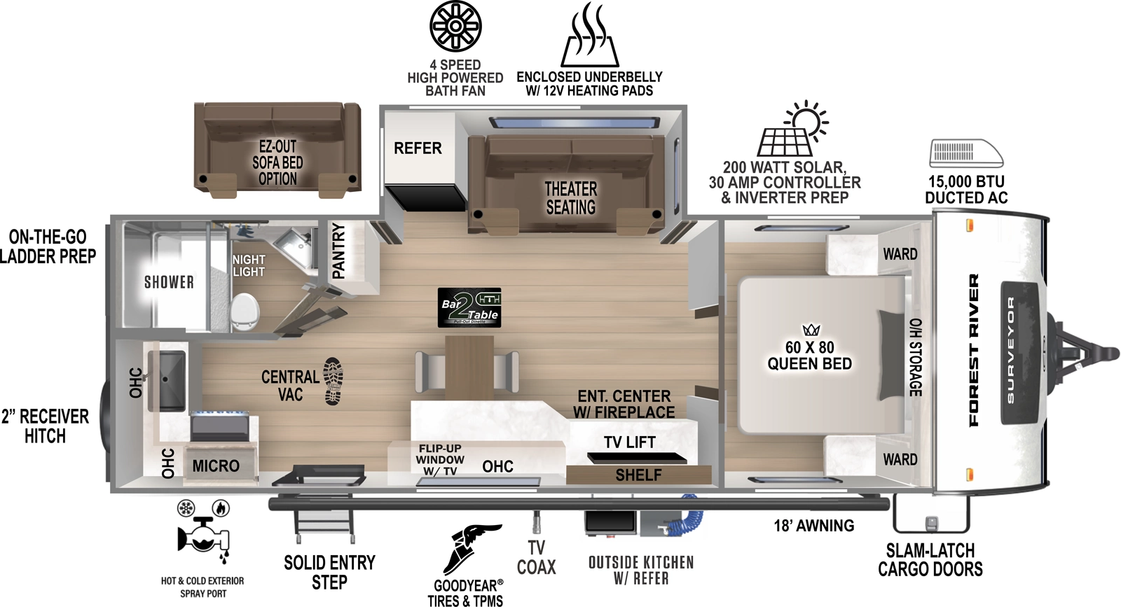 The Surveyor Legend 230MDLE floorplan has one entry and one slide out. Exterior features include: fiberglass exterior, 18' awning and outside kitchen. Interiors features include: front bedroom.
